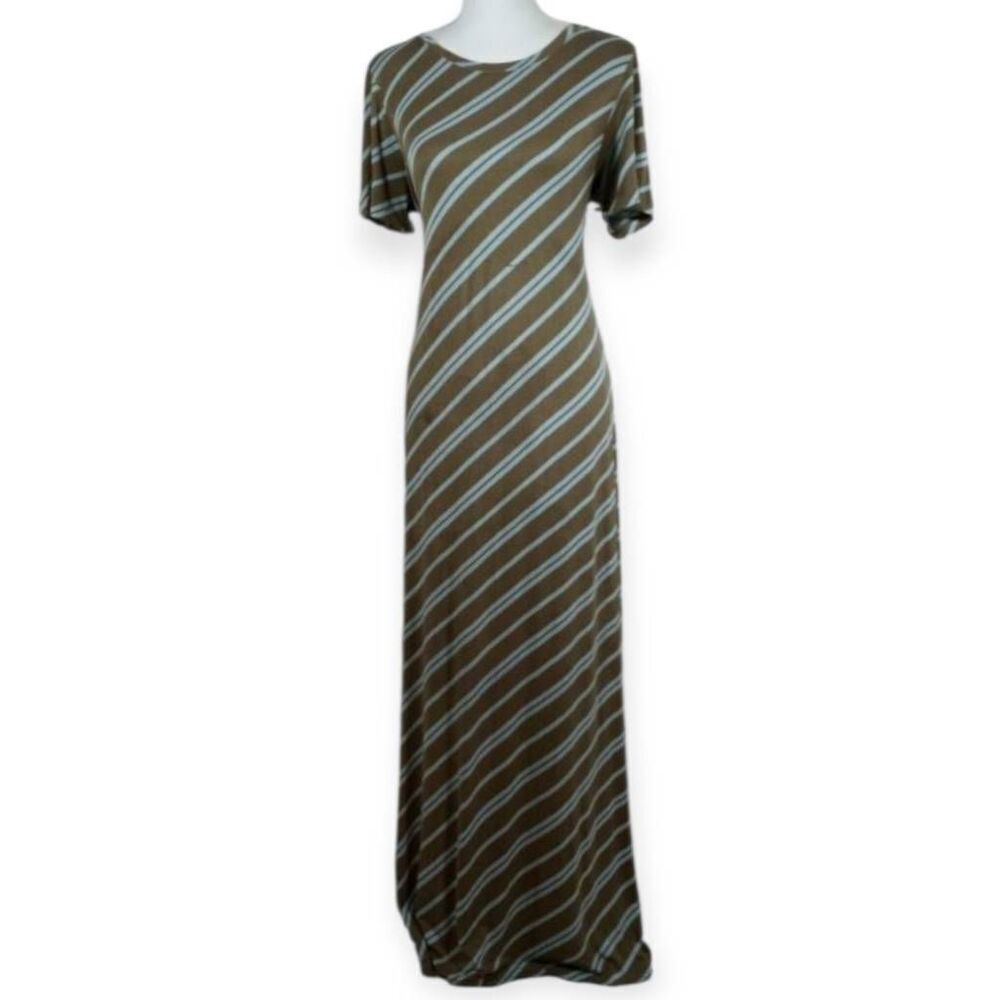JESSICA SIMPSON MATERNITY MAXI DRESS OLIVE & BLUE STRIPE SZ.L EUC
